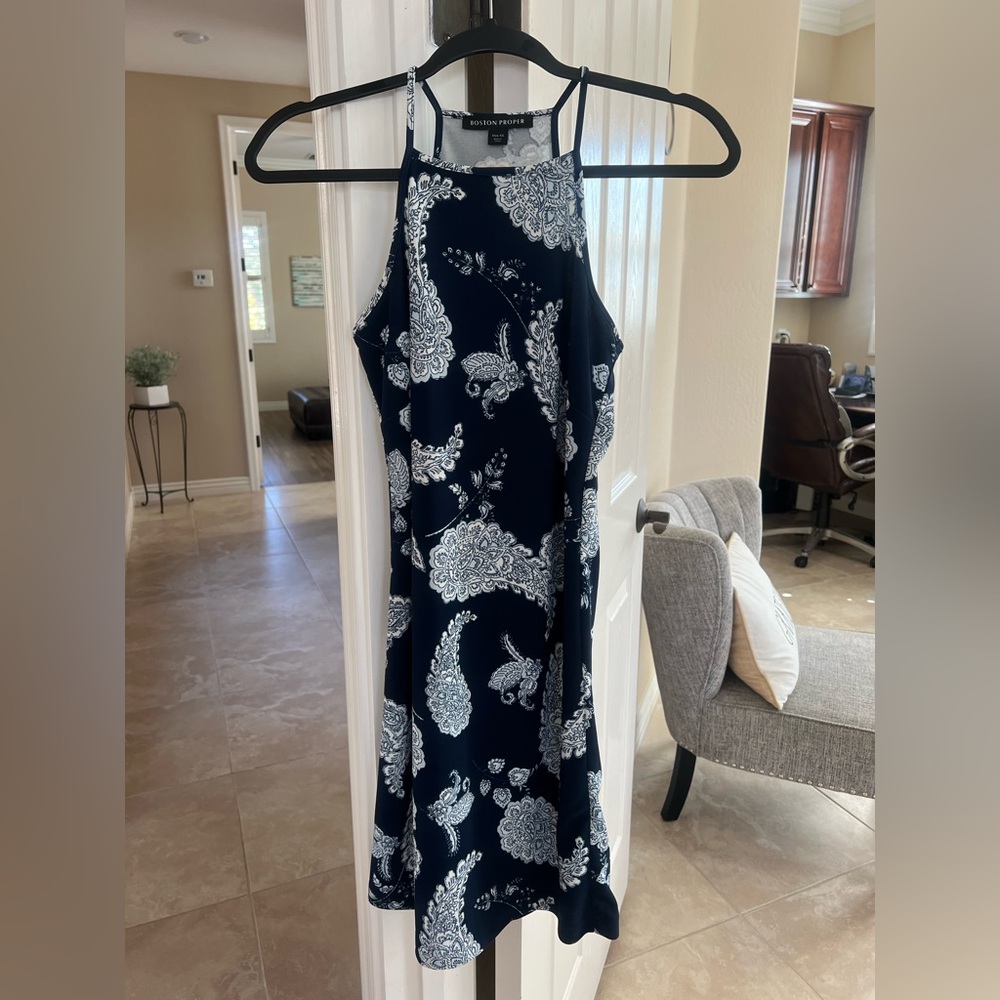 Boston proper sleeveless navy dress with Paisley design.